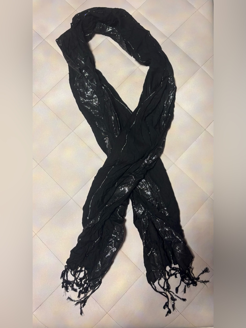 Express Black Shimmer Metallic Knit Long Scarf with Fringe Trim